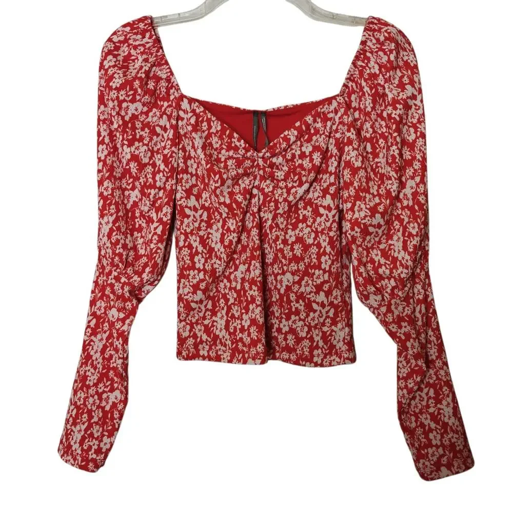 Anthropologie Floral Sweetheart Neckline Top Size XS Red Floral Puff Sleeves